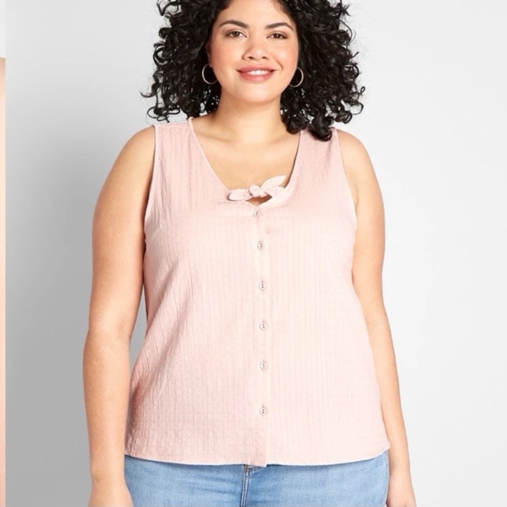 NEW ModCloth 3X Pink Polished Touch Sleeveless Top, Eyelet, Button Front, Bow